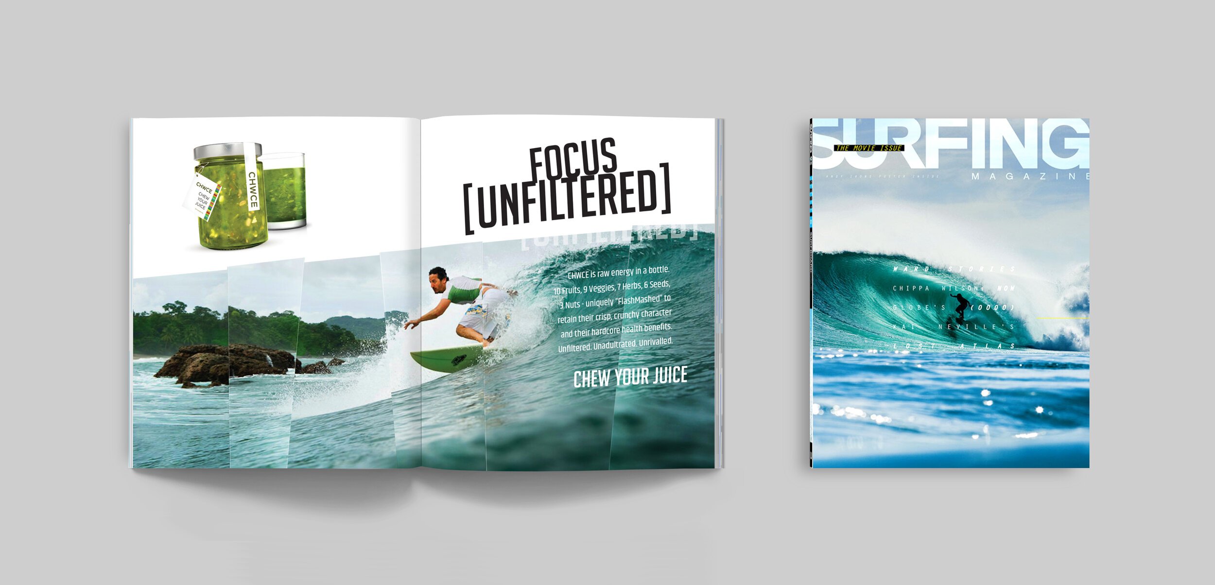Open magazine with a surfing theme on a light gray background. The left page features a surfing scene with a man riding a wave and green juice bottles, with large text reading "FOCUS [UNFILTERED]". The right page shows a surf photo with a surfer on a
