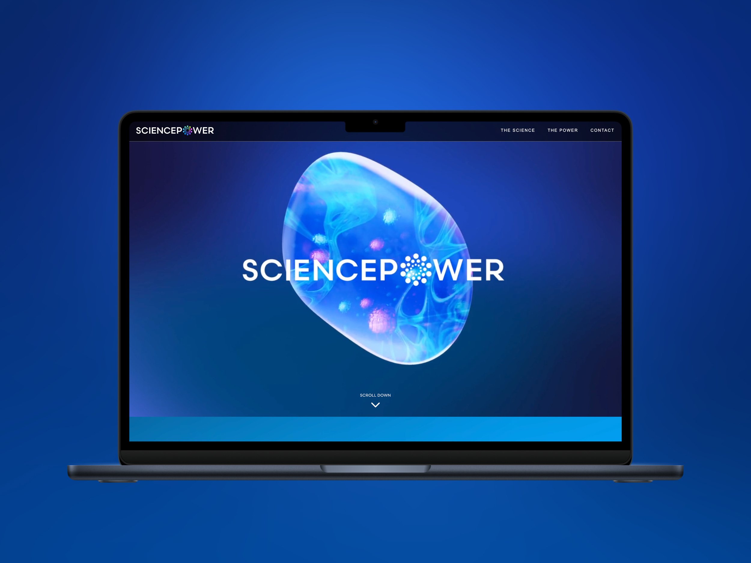 Laptop displaying a website titled 'SciencePower' with a background of a glowing, abstract, blue cellular or molecular structure, set against a dark blue background.