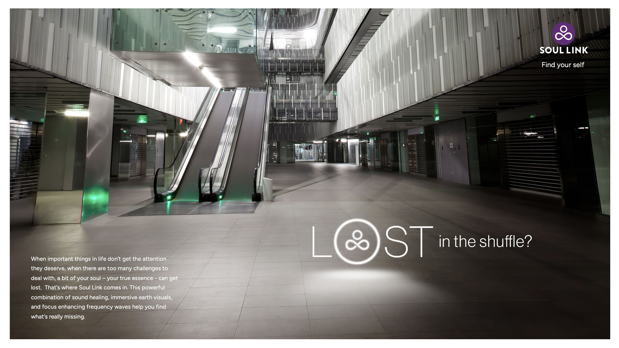 Empty modern indoor space with escalators, metallic and glass architectural elements, and minimal lighting, promoting a theme of self-discovery and healing.