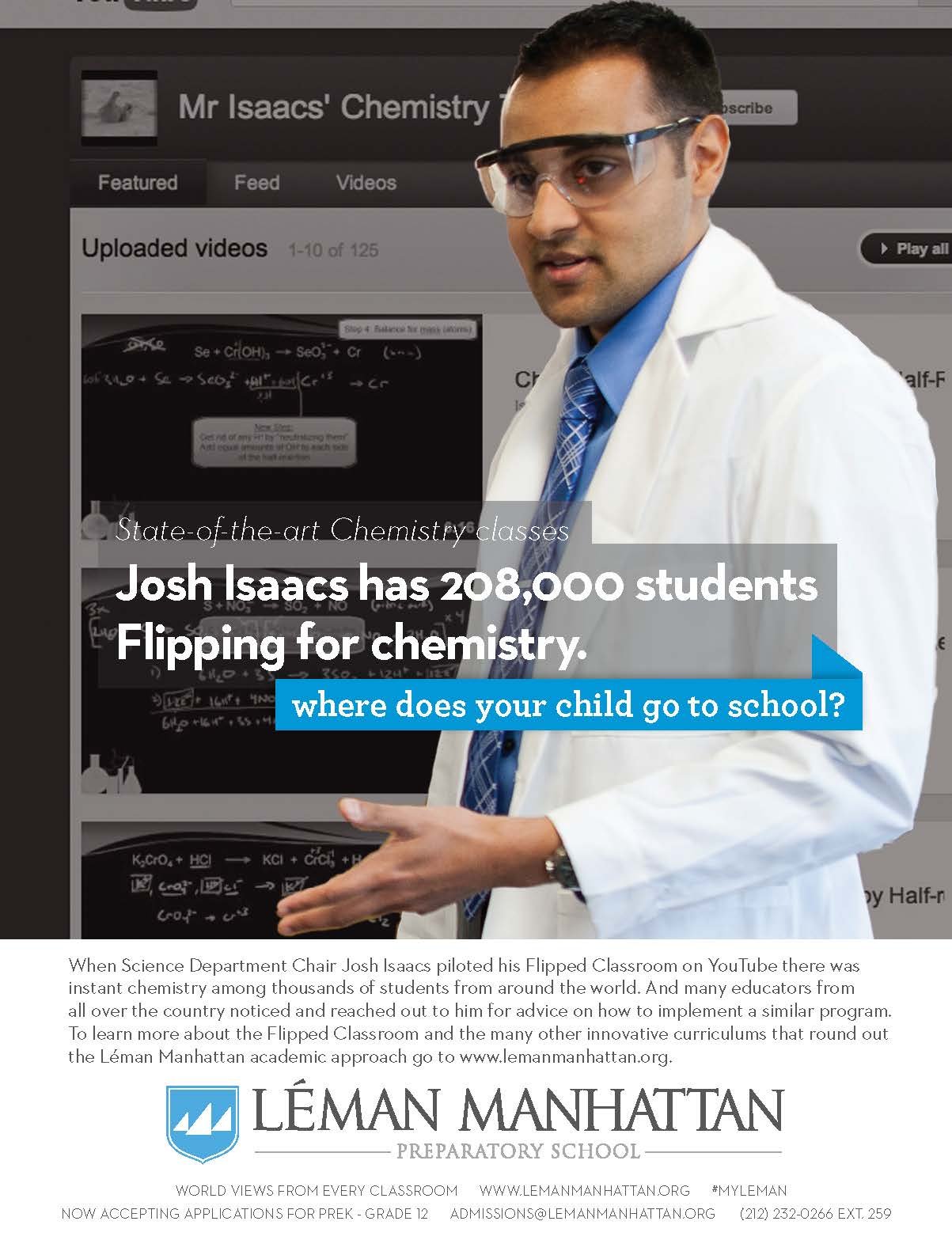A man in a white lab coat and safety glasses pointing at a computer screen showing a YouTube page with a video about Mr. Isaac's chemistry classroom program. The video thumbnail features handwritten chemistry equations on a blackboard. The overlay te