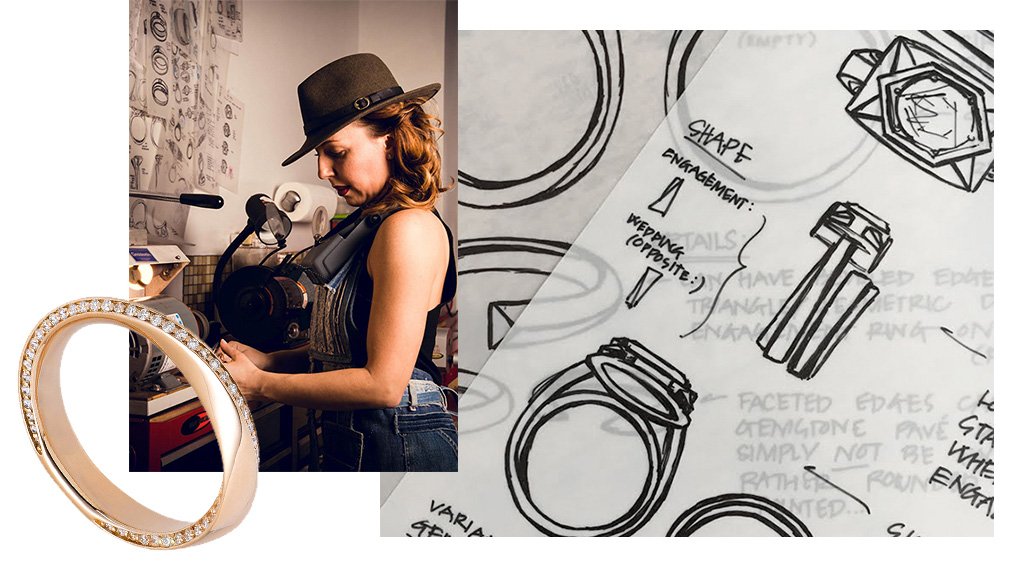 A woman wearing a hat and casual clothing working at a jewelry design workstation, with sketches, drawings, and a ring, along with a jewelry piece adorned with diamonds in the foreground.