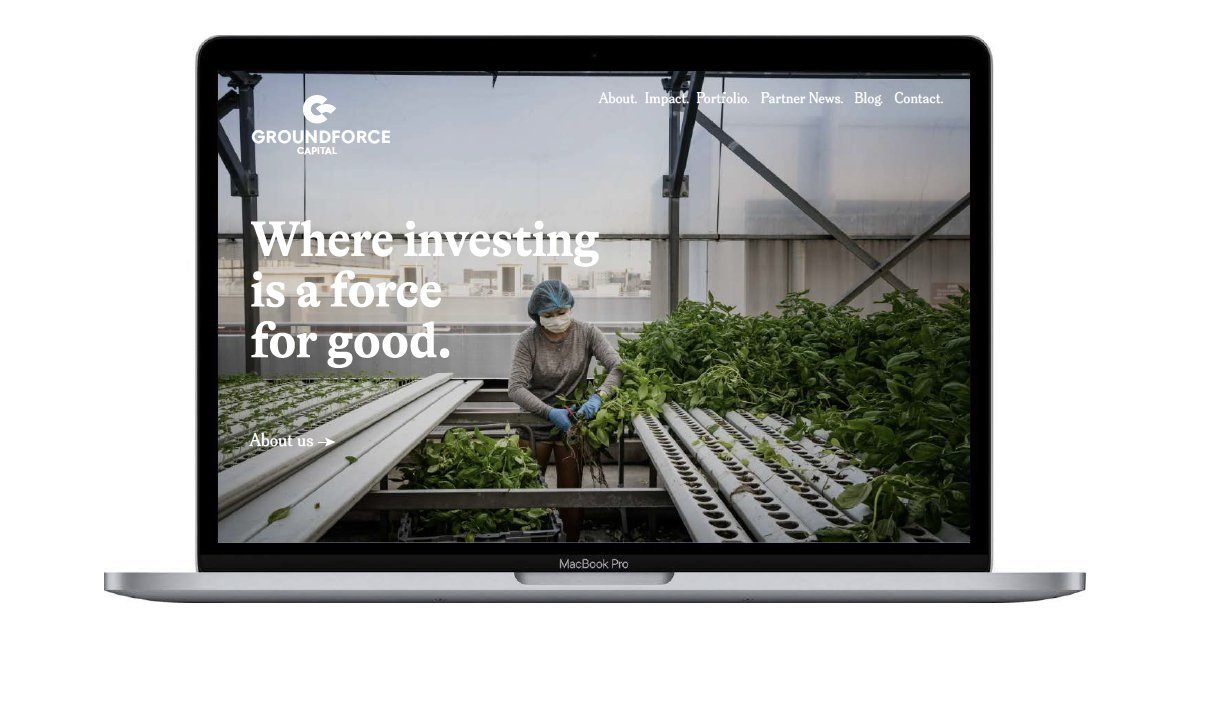 A website homepage displayed on a MacBook Pro laptop showing a woman working with plants in a greenhouse. The text reads 'Where investing is a force for good.'